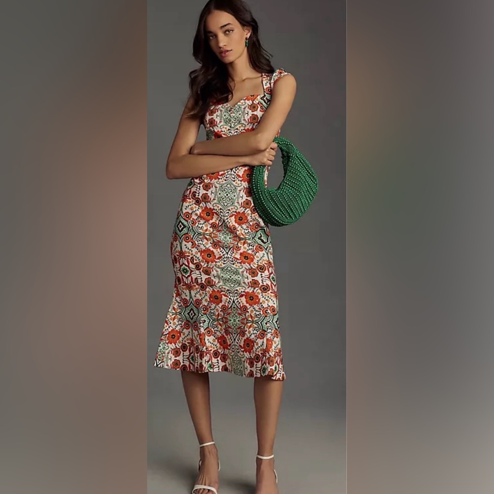Anthropologie Red and Orange Floral Midi Dress Medium Petite